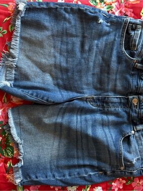 KanCan Dark Blue Frayed Hem High Waist Denim Shorts